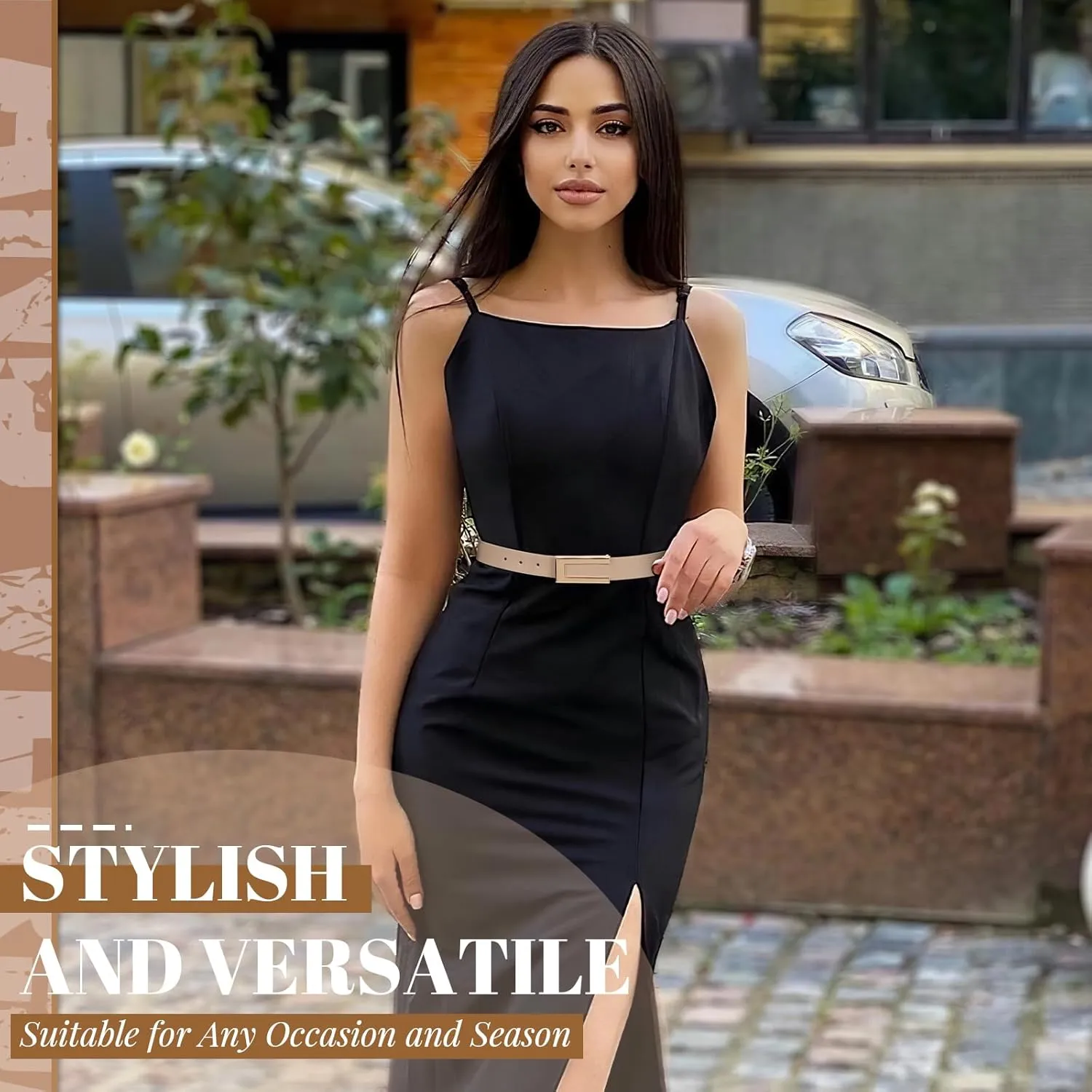 SANSTHS 2 Pack Skinny Leather Belts for Women, Ladies Thin Waist Belt for Dresses Jeans Pants with Gold Buckle