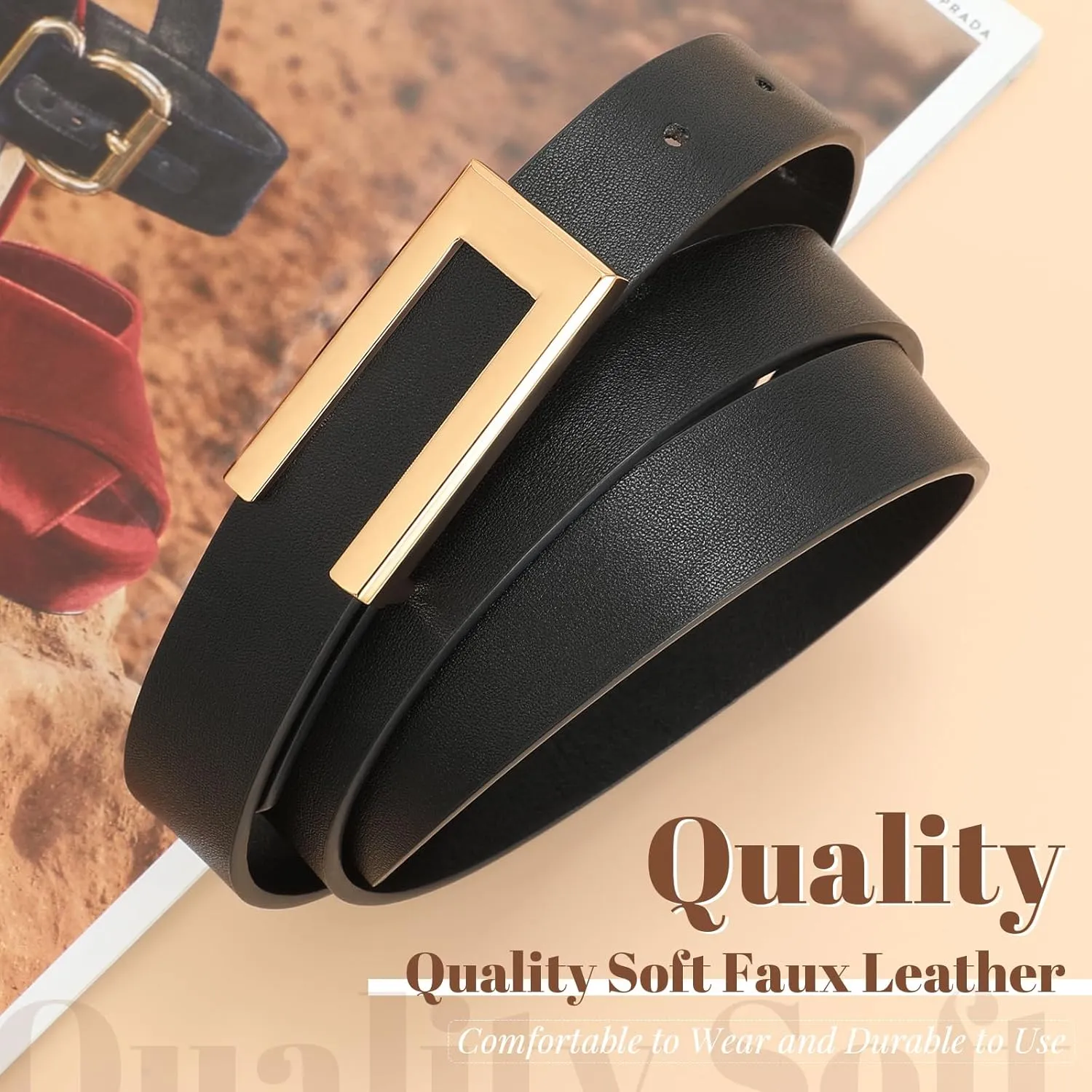 SANSTHS 2 Pack Skinny Leather Belts for Women, Ladies Thin Waist Belt for Dresses Jeans Pants with Gold Buckle