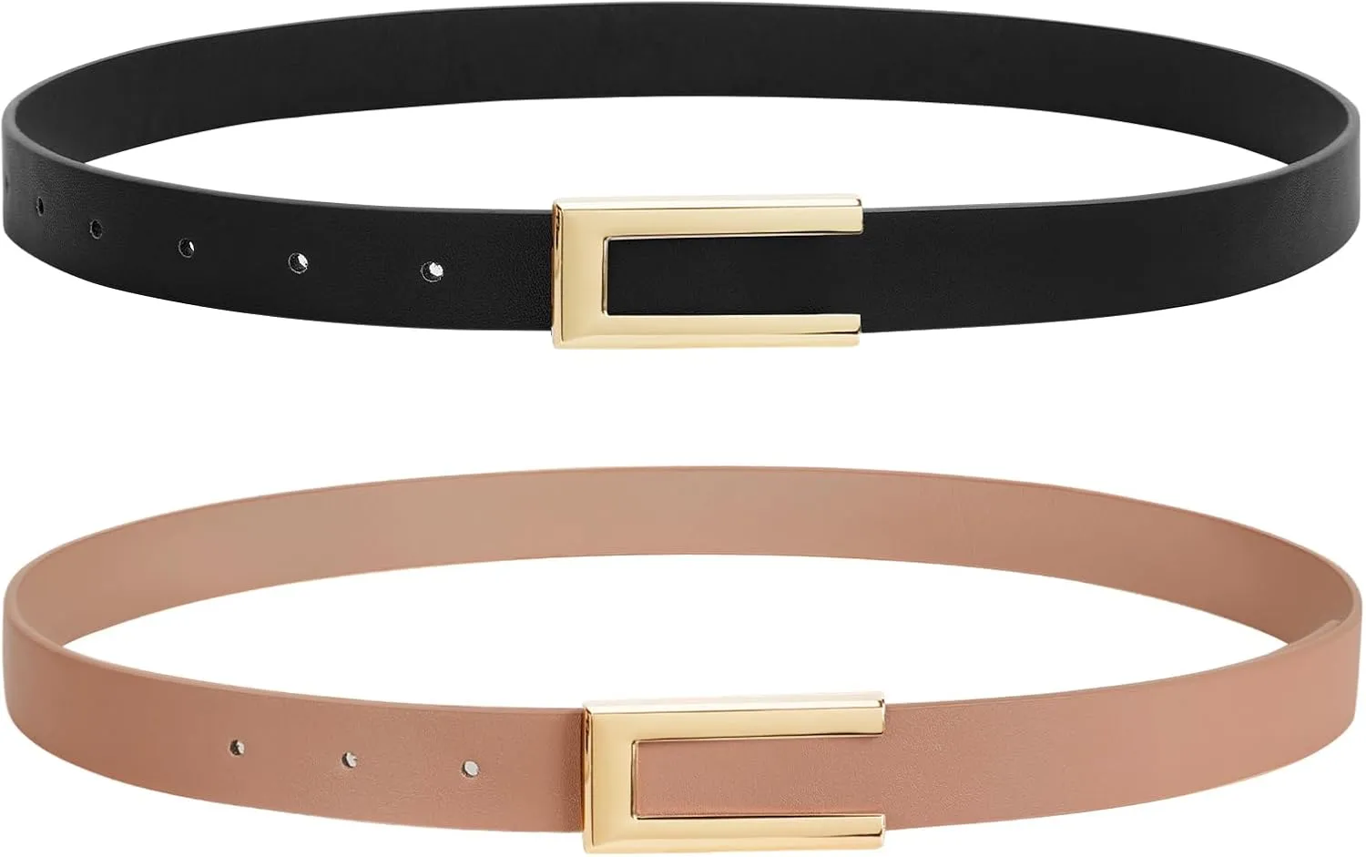 SANSTHS 2 Pack Skinny Leather Belts for Women, Ladies Thin Waist Belt for Dresses Jeans Pants with Gold Buckle