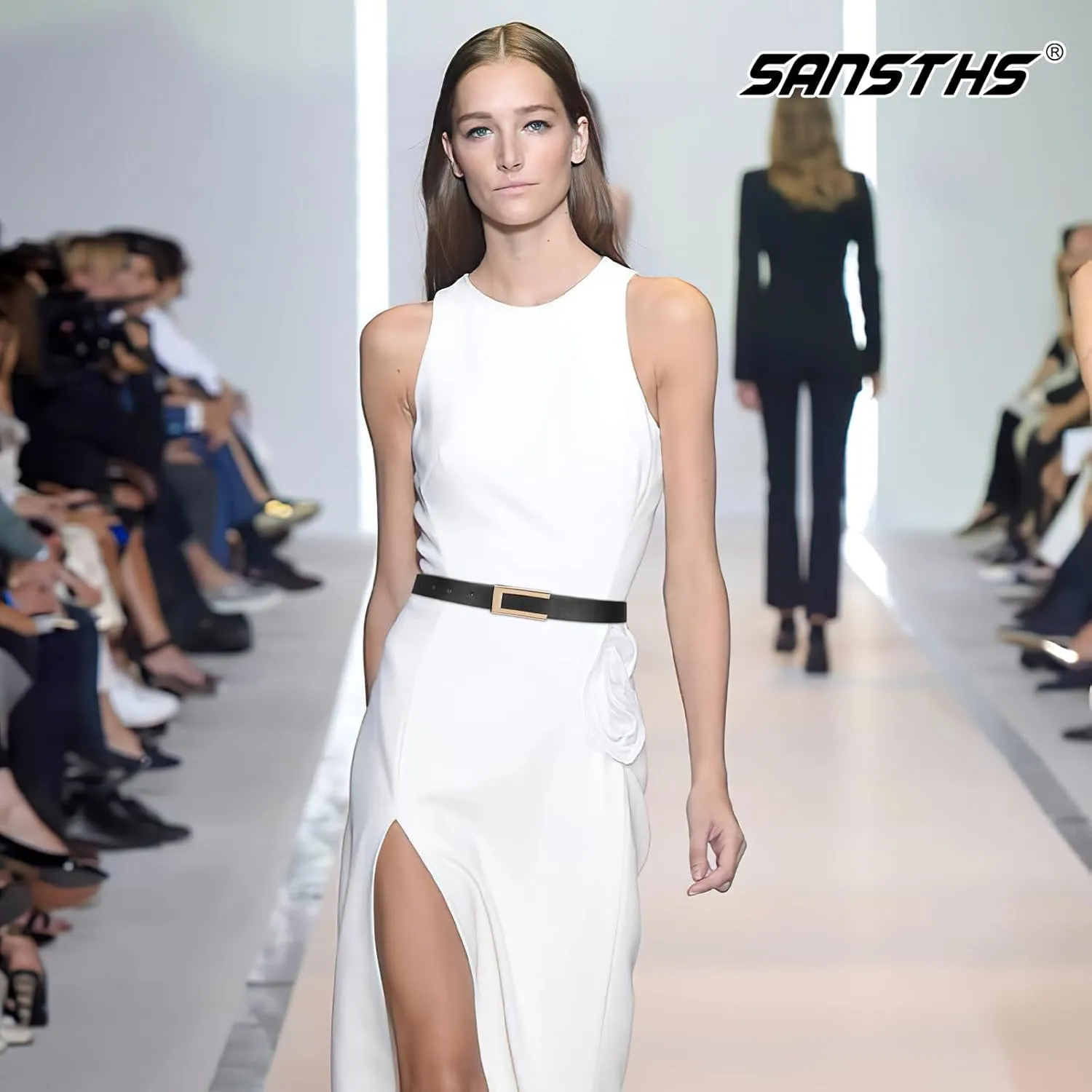 SANSTHS 2 Pack Skinny Leather Belts for Women, Ladies Thin Waist Belt for Dresses Jeans Pants with Gold Buckle