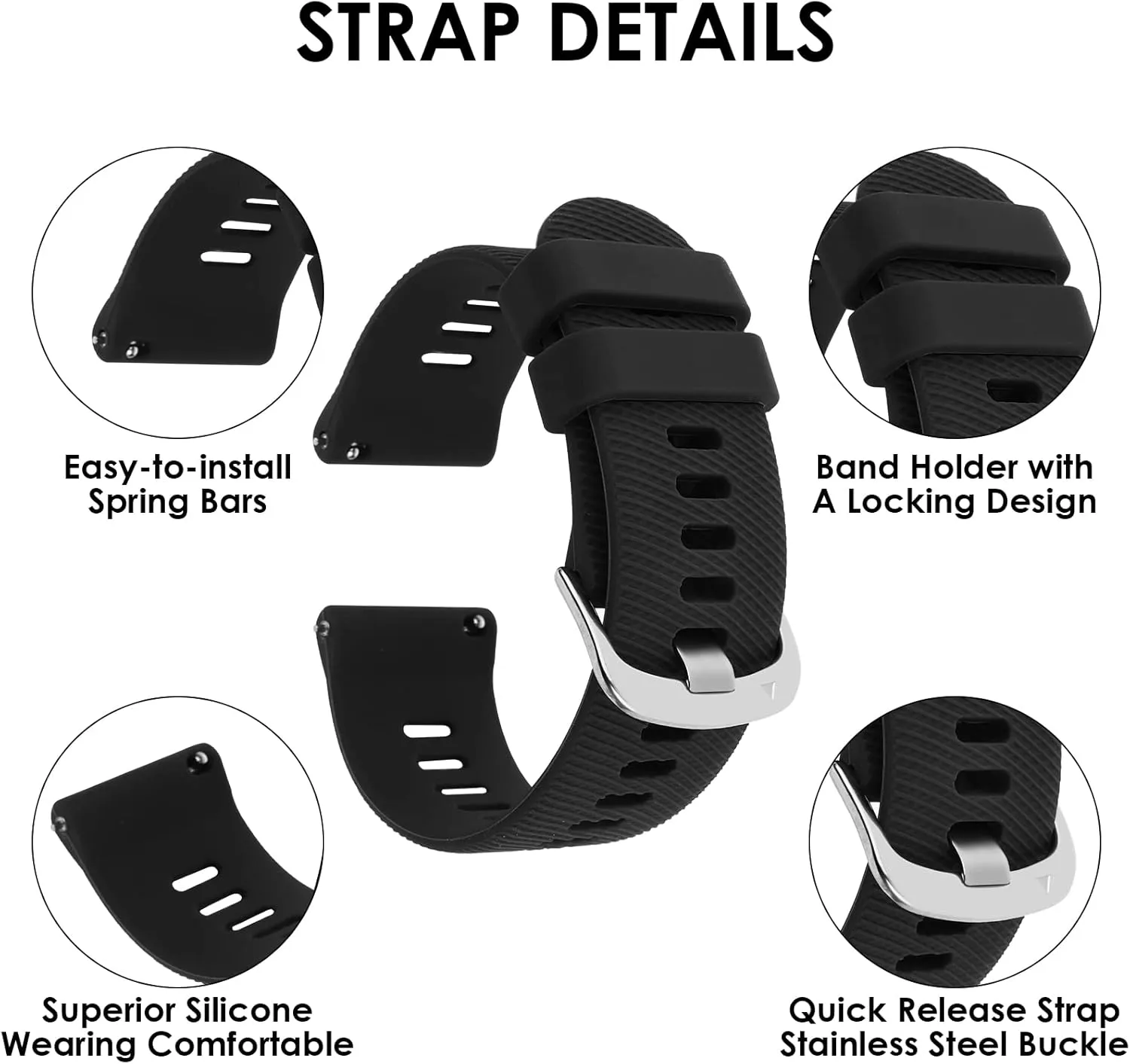 Silicone Rubber Watch Bands, Silver Stainless Steel Buckle, Quick Release, 18mm 20mm 22mm Smartwatches Bands for Men and Women Waterproof Sport Watchbands