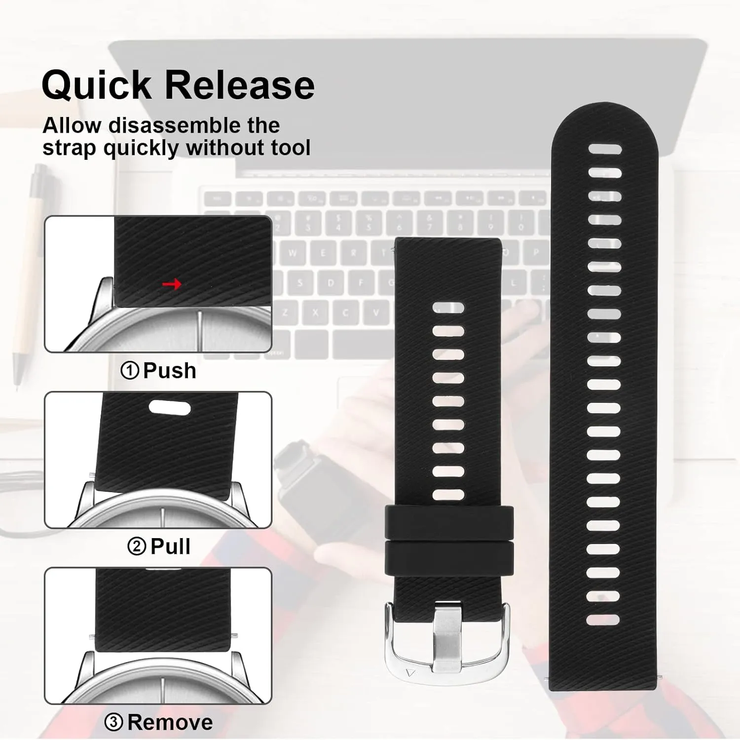 Silicone Rubber Watch Bands, Silver Stainless Steel Buckle, Quick Release, 18mm 20mm 22mm Smartwatches Bands for Men and Women Waterproof Sport Watchbands
