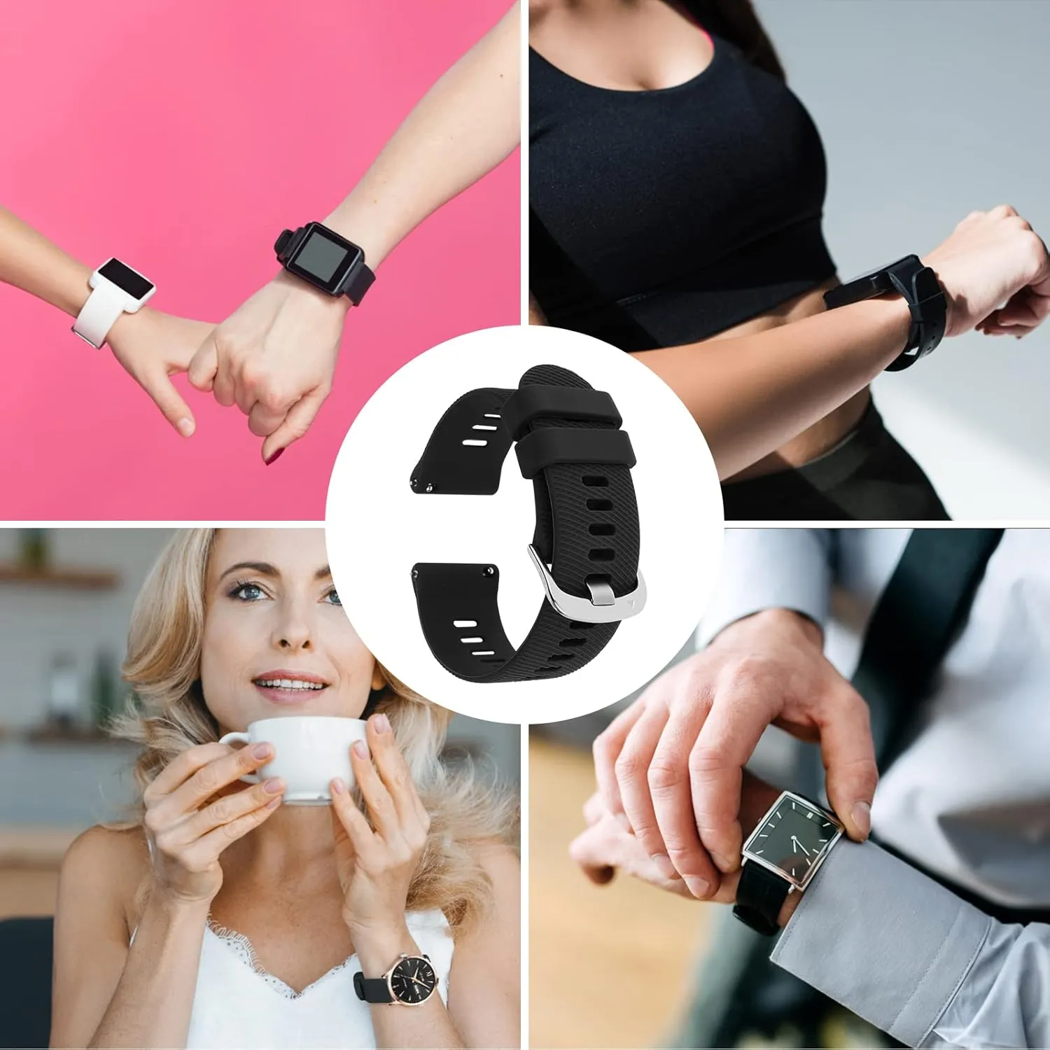 Silicone Rubber Watch Bands, Silver Stainless Steel Buckle, Quick Release, 18mm 20mm 22mm Smartwatches Bands for Men and Women Waterproof Sport Watchbands
