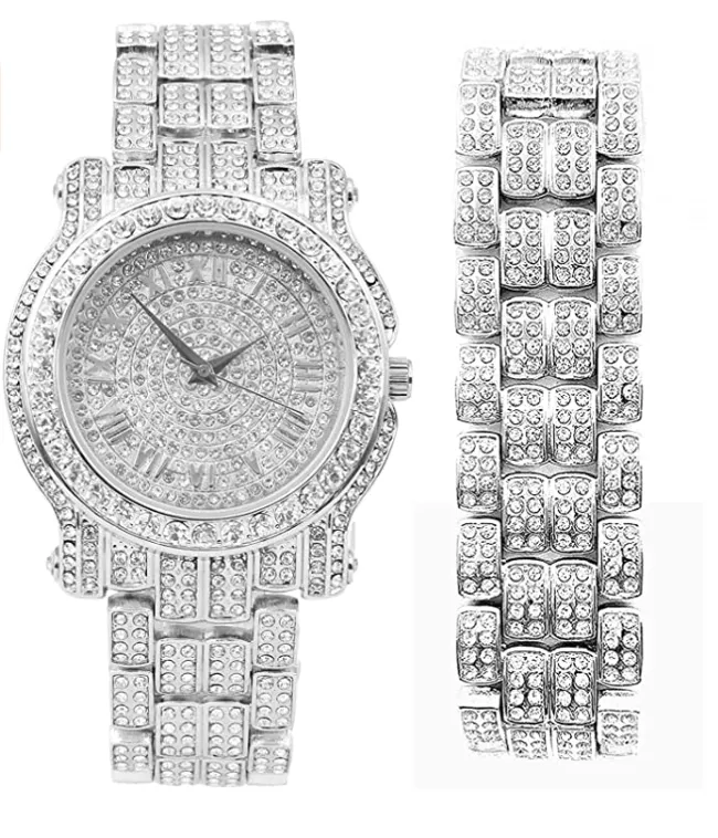 Silver Color Watch Simulated Diamond Luxury Watch Set Bracelet Gold Dial Red Face Hip Hop Watch Iced Out Jewelry Bundle