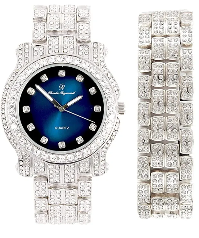 Silver Color Watch Simulated Diamond Luxury Watch Set Bracelet Gold Dial Red Face Hip Hop Watch Iced Out Jewelry Bundle