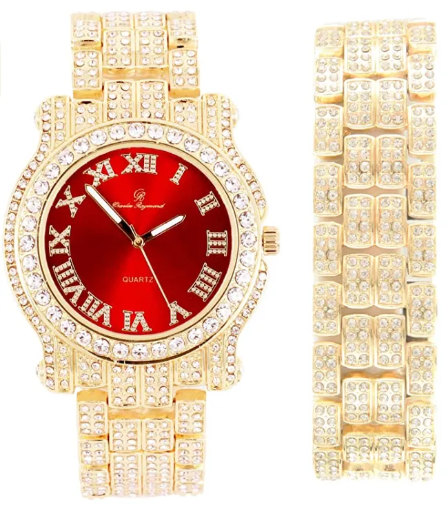 Silver Color Watch Simulated Diamond Luxury Watch Set Bracelet Gold Dial Red Face Hip Hop Watch Iced Out Jewelry Bundle