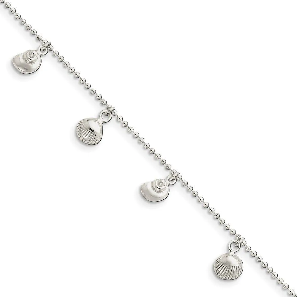 Solid 925 Sterling Silver Polished Sea Shell Anklet