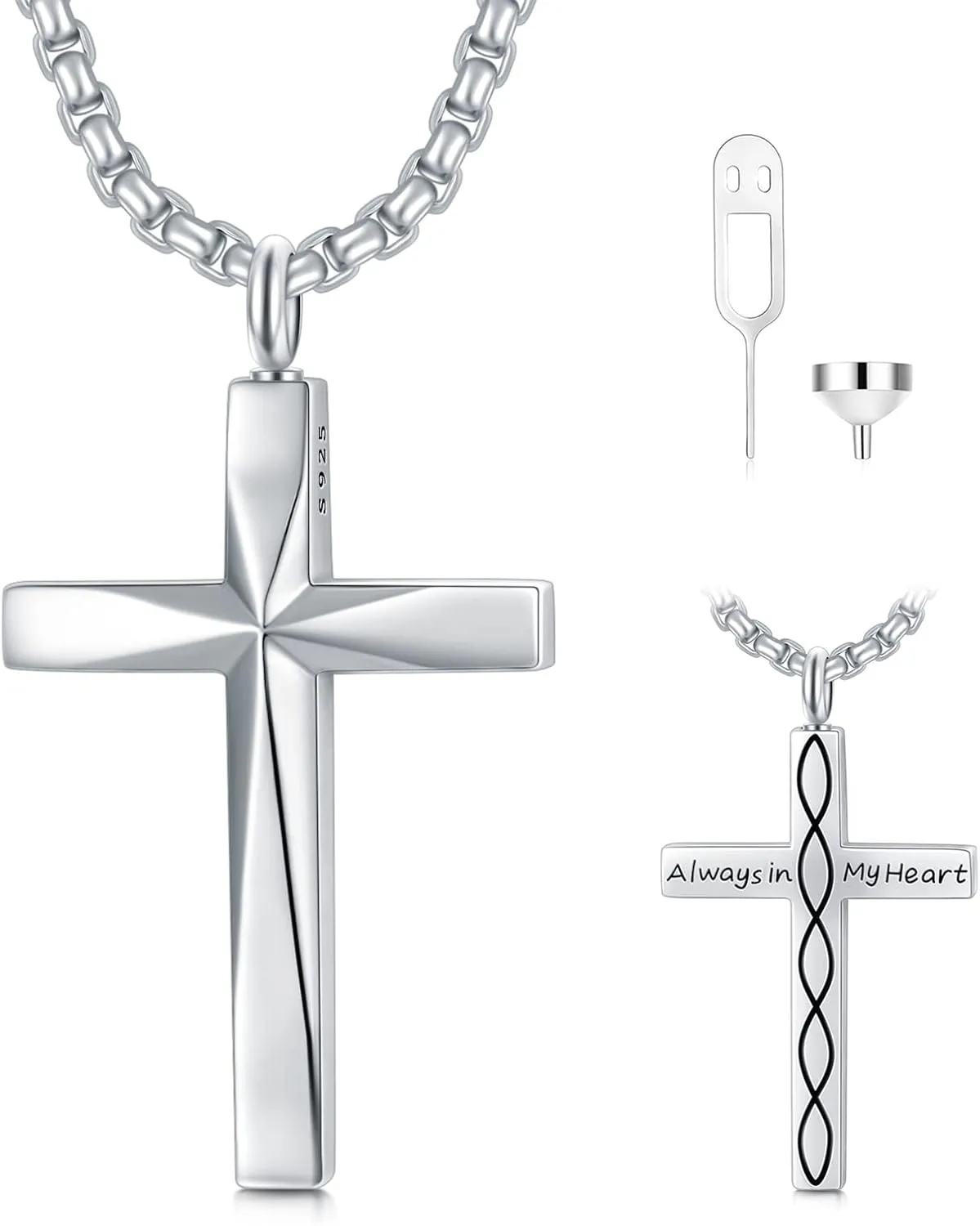 Sterling Silver Cross Urn Necklaces for Men & Women Cremation Memorial Pendant With 20"/22"/24" 2" Chain Exquisite Jewelry(with Gift Box)
