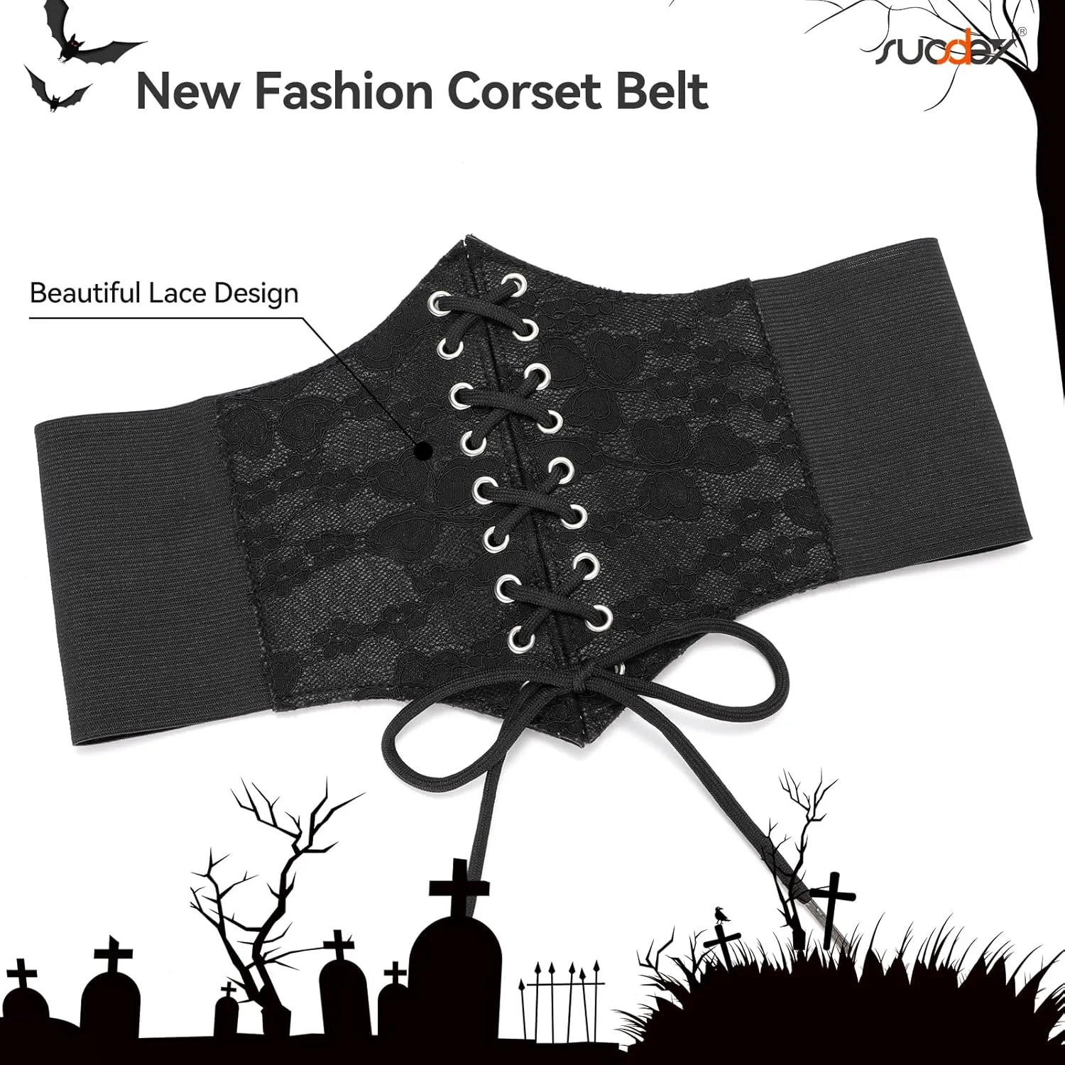 SUOSDEY Lace Floral Corset Belt for Women Wide Elastic Waist Lace-up Renaissance Pirate Stretch Cinch Belts