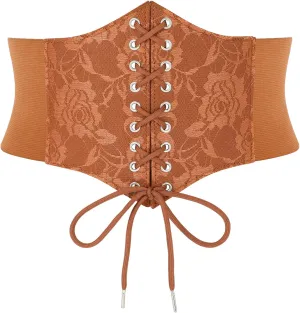 SUOSDEY Lace Floral Corset Belt for Women Wide Elastic Waist Lace-up Renaissance Pirate Stretch Cinch Belts
