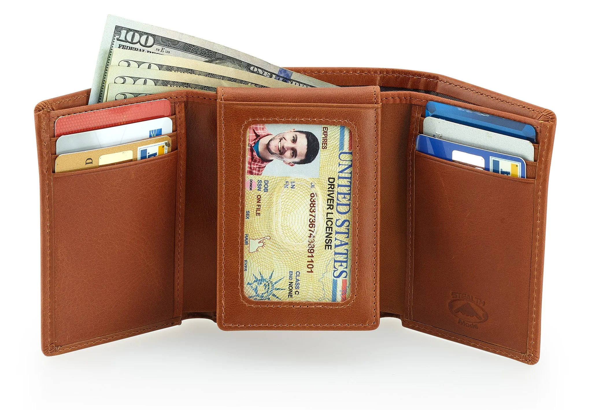 Trifold Leather Wallet for Men with ID Holder and RFID Blocking (Light Brown)