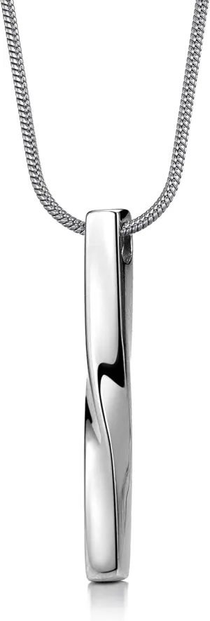Twisted Bar Pendant Necklace for Men and Women 24 Inch Stainless Steel Snake Chain, Unisex, Silver