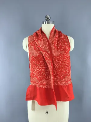 Vintage 1960s Silk Scarf / Silk Kimono Obiage / Red & White Floral Shibori