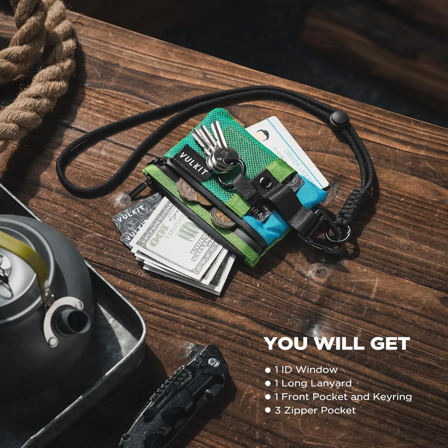 VULKIT Small RFID Wallet for Women & Men ??Minimalist Zipper Wallet with ID Window, Keychain & Carabiner, Holds 15 Cards, Water Resistant Travel Lanyard Wallet Green Blue