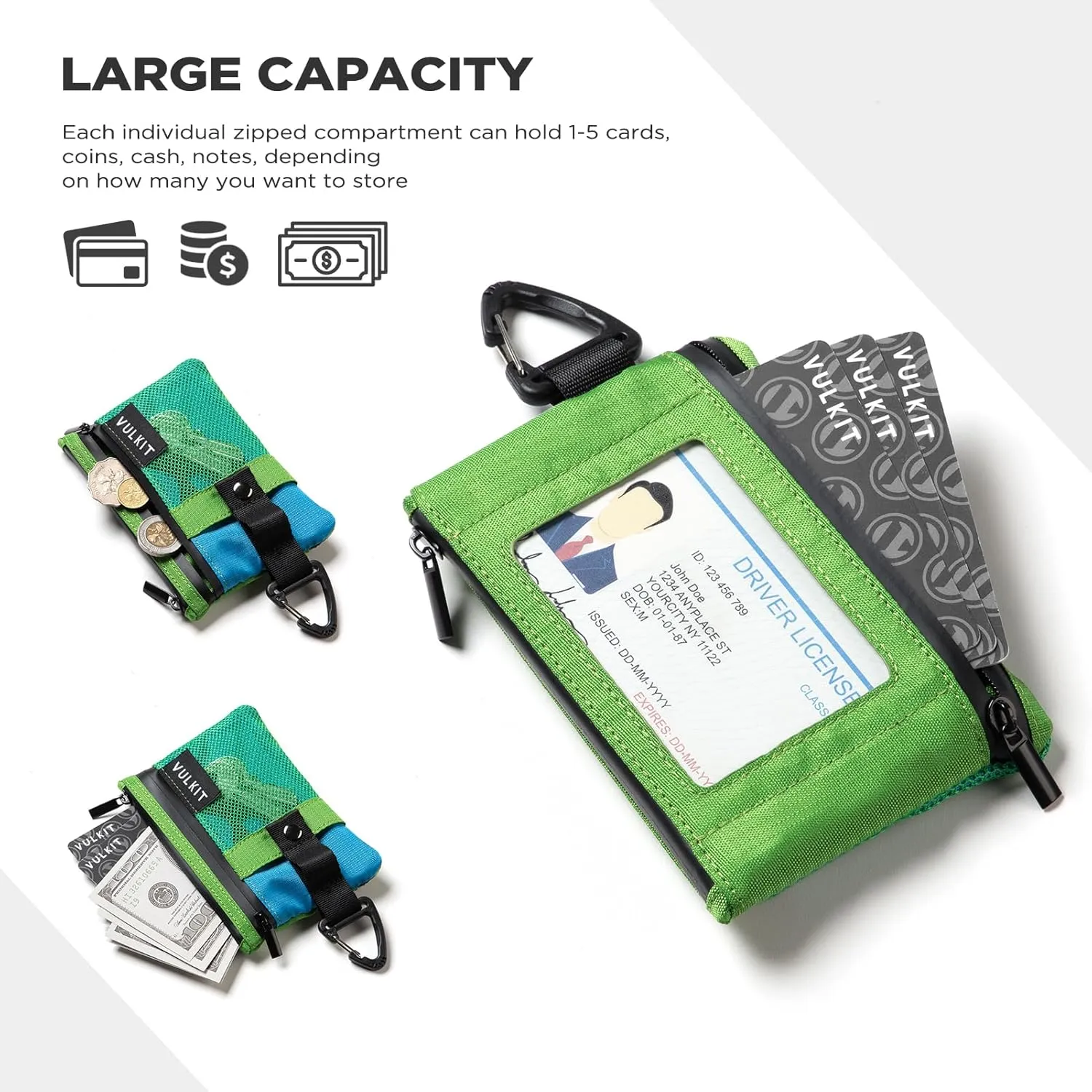 VULKIT Small RFID Wallet for Women & Men ??Minimalist Zipper Wallet with ID Window, Keychain & Carabiner, Holds 15 Cards, Water Resistant Travel Lanyard Wallet Green Blue