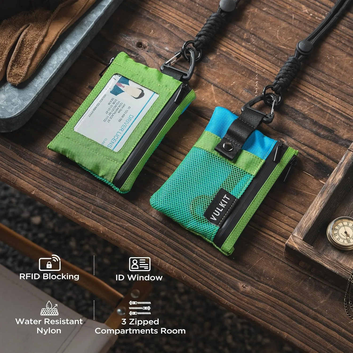 VULKIT Small RFID Wallet for Women & Men ??Minimalist Zipper Wallet with ID Window, Keychain & Carabiner, Holds 15 Cards, Water Resistant Travel Lanyard Wallet Green Blue