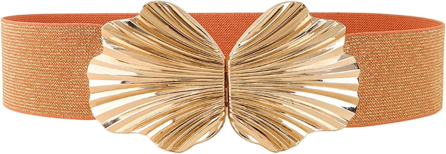 Women Brilliant Waist Belt Elastic Skinny Belt with Shell Shape Buckle Shiny Dress Belt Waistband for Girls