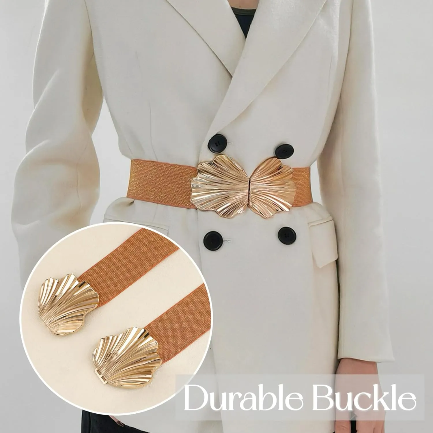 Women Brilliant Waist Belt Elastic Skinny Belt with Shell Shape Buckle Shiny Dress Belt Waistband for Girls