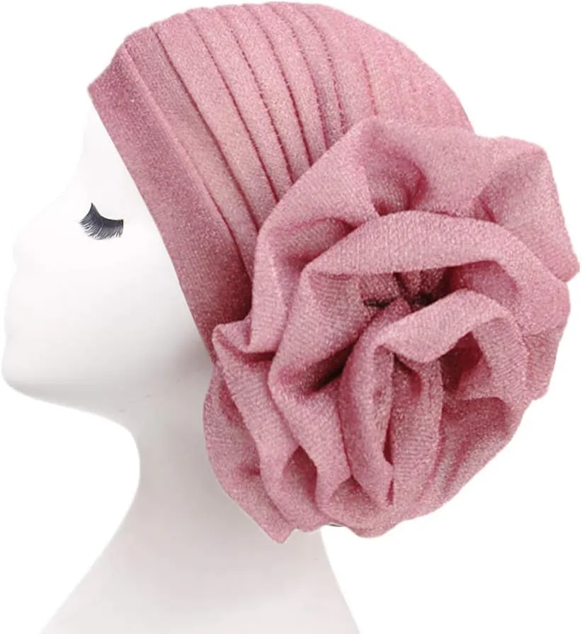 Women Elastic Glitter Big Flower Turban Chemo Beanie Hair Loss Chemo Cap Hat