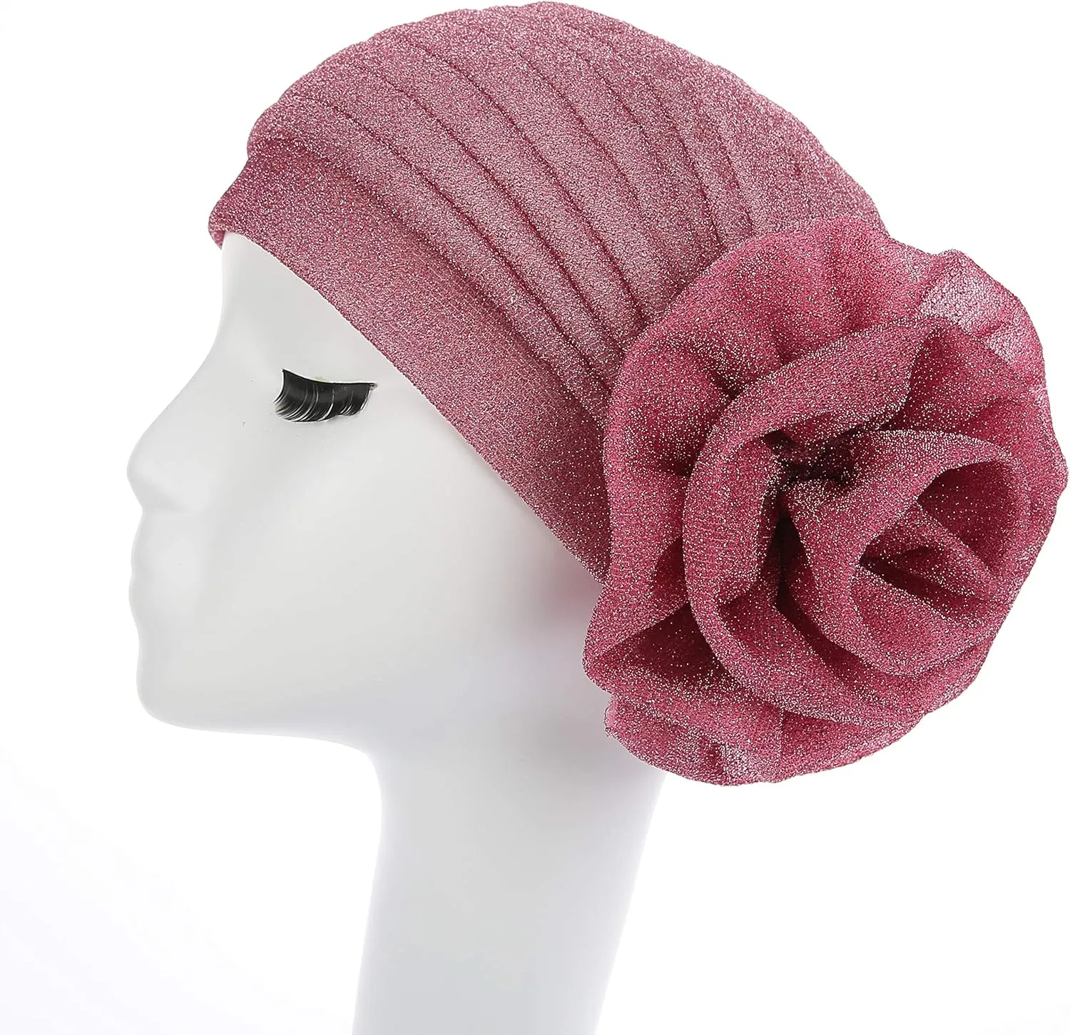 Women Elastic Glitter Big Flower Turban Chemo Beanie Hair Loss Chemo Cap Hat