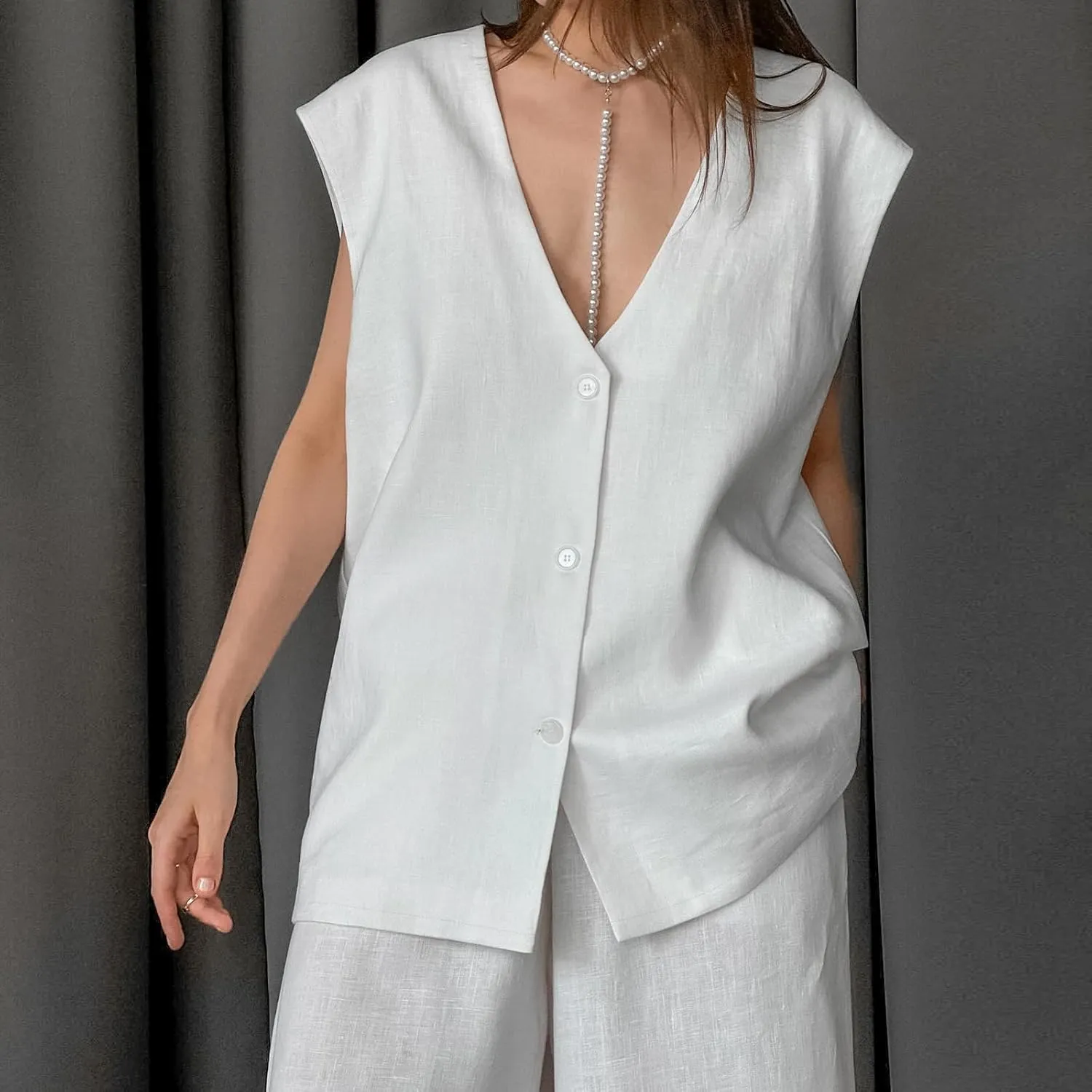 Womens Cotton Linen 2 Piece Outfit Sleeveless Suit Button V-Neck Vest and Wide Leg Pants Casual Blazer Matching Sets