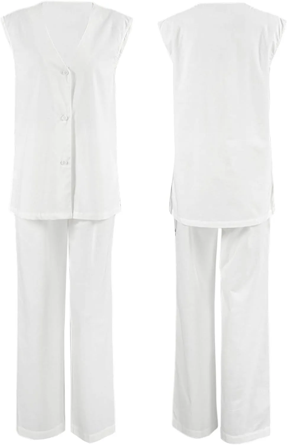 Womens Cotton Linen 2 Piece Outfit Sleeveless Suit Button V-Neck Vest and Wide Leg Pants Casual Blazer Matching Sets