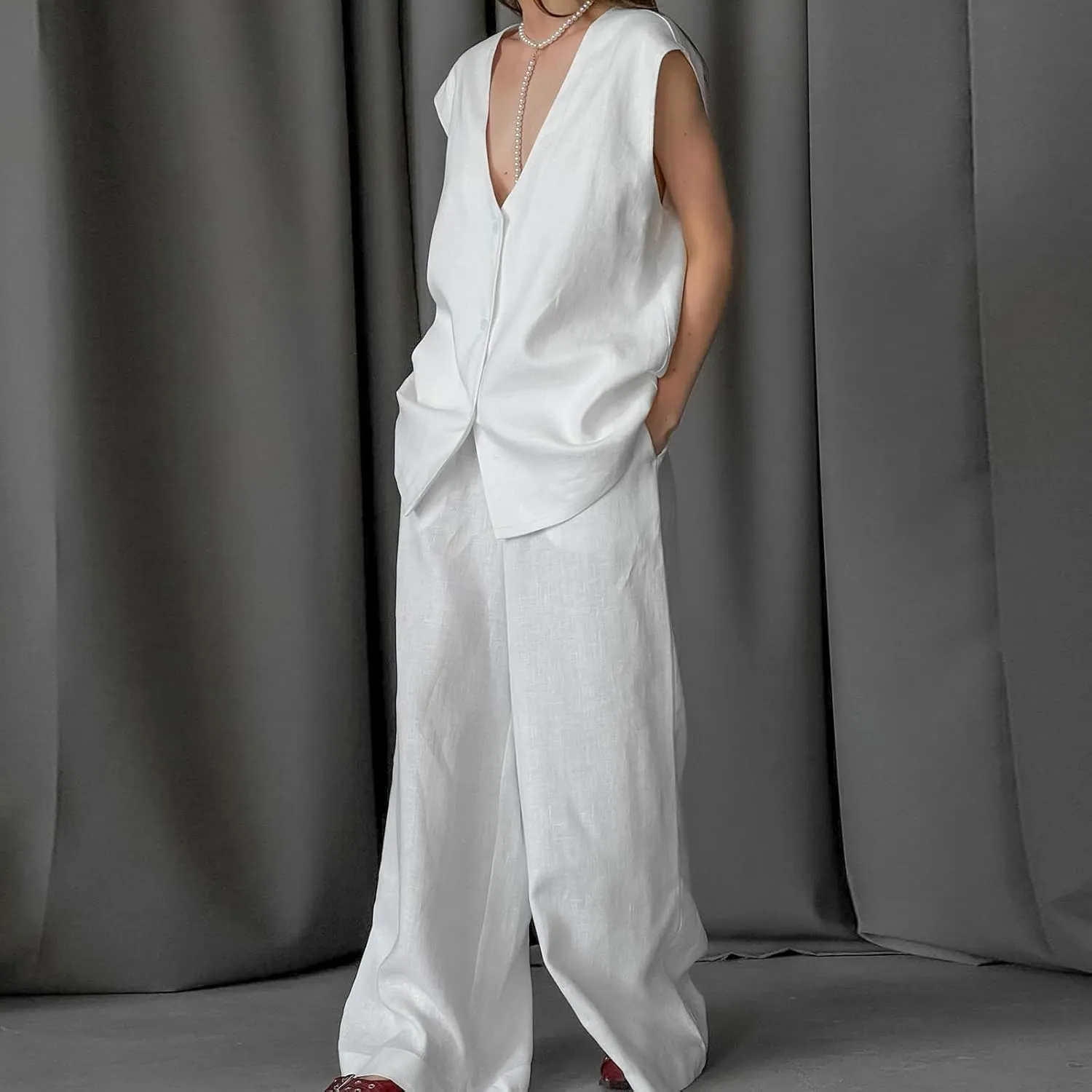 Womens Cotton Linen 2 Piece Outfit Sleeveless Suit Button V-Neck Vest and Wide Leg Pants Casual Blazer Matching Sets