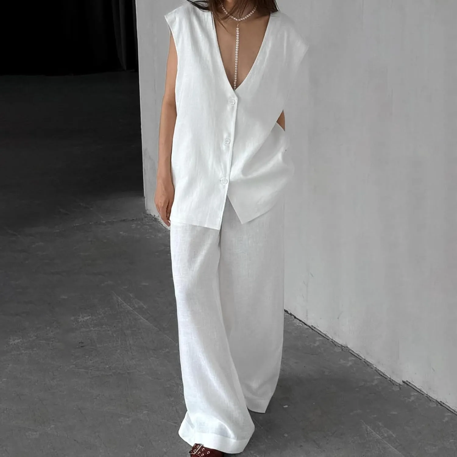 Womens Cotton Linen 2 Piece Outfit Sleeveless Suit Button V-Neck Vest and Wide Leg Pants Casual Blazer Matching Sets