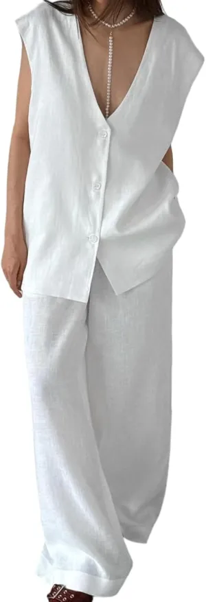 Womens Cotton Linen 2 Piece Outfit Sleeveless Suit Button V-Neck Vest and Wide Leg Pants Casual Blazer Matching Sets