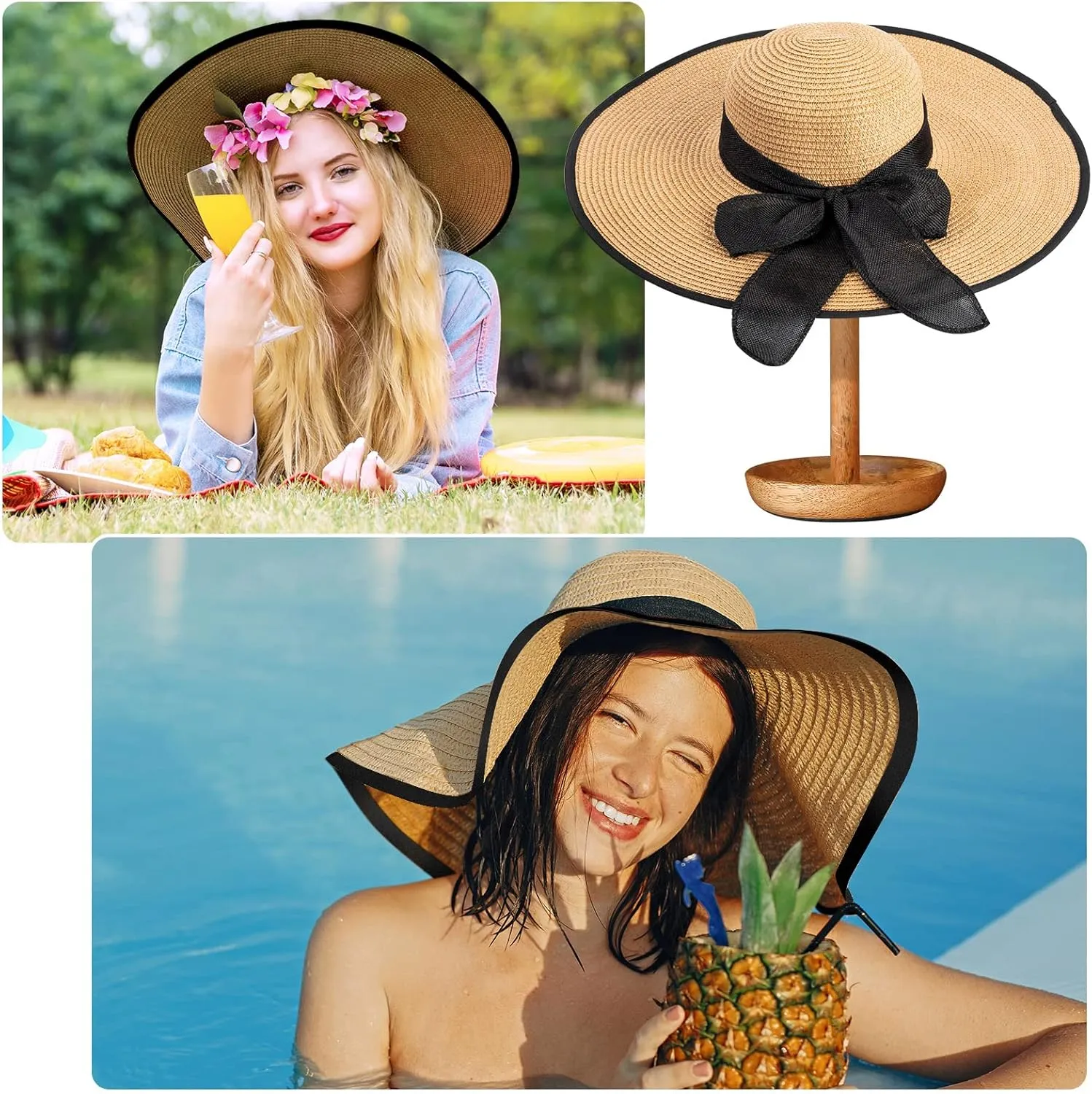 Xtinmee 6 Pcs Summer Women's Big Bowknot Straw Hat Wide Brim Foldable Floppy Adjustable UV Protection UPF 50  Beach Hat