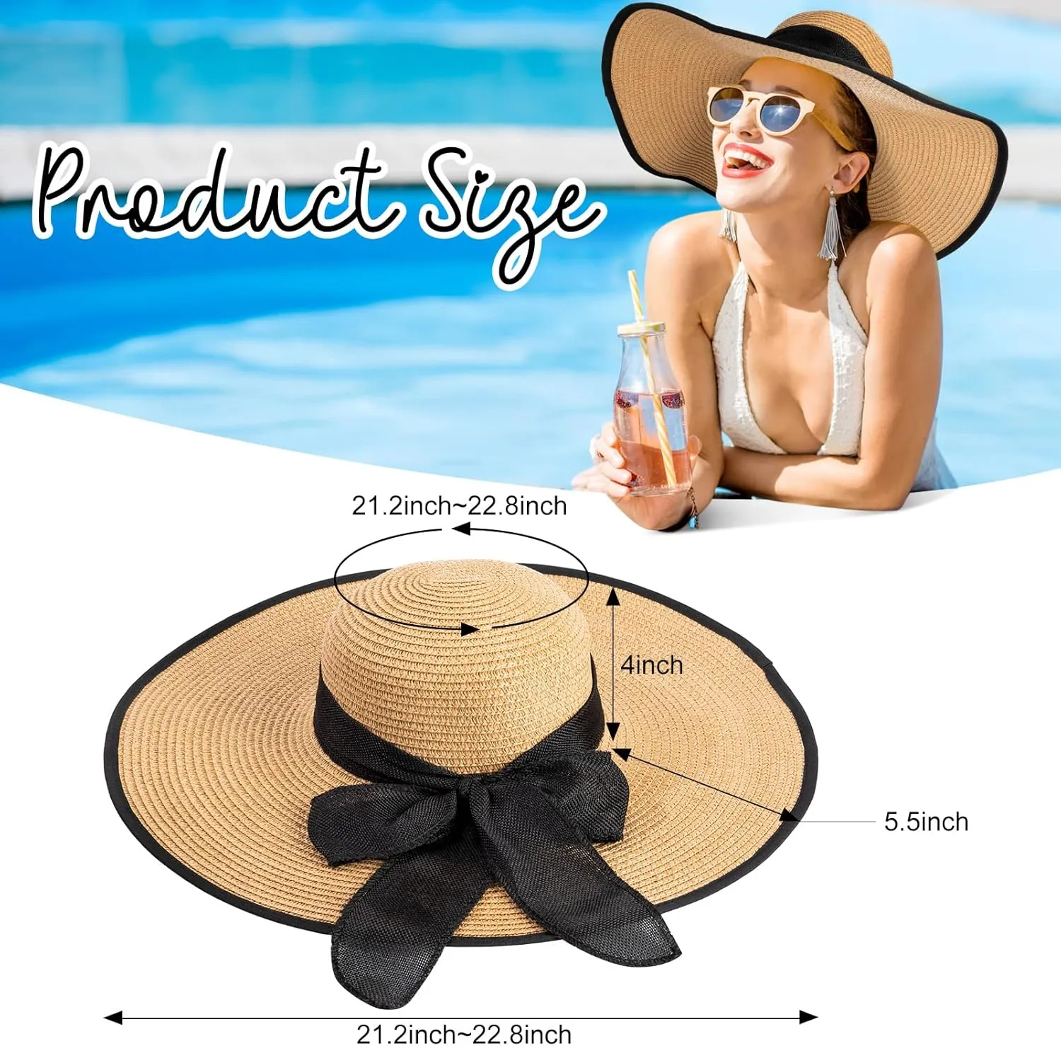 Xtinmee 6 Pcs Summer Women's Big Bowknot Straw Hat Wide Brim Foldable Floppy Adjustable UV Protection UPF 50  Beach Hat