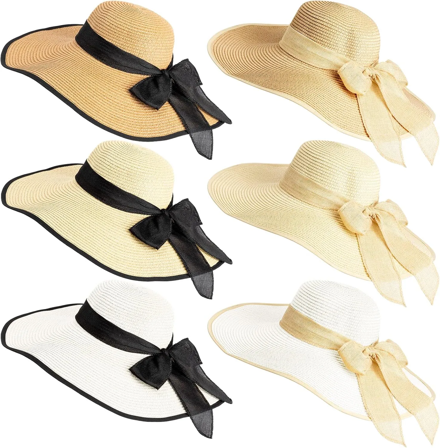 Xtinmee 6 Pcs Summer Women's Big Bowknot Straw Hat Wide Brim Foldable Floppy Adjustable UV Protection UPF 50  Beach Hat