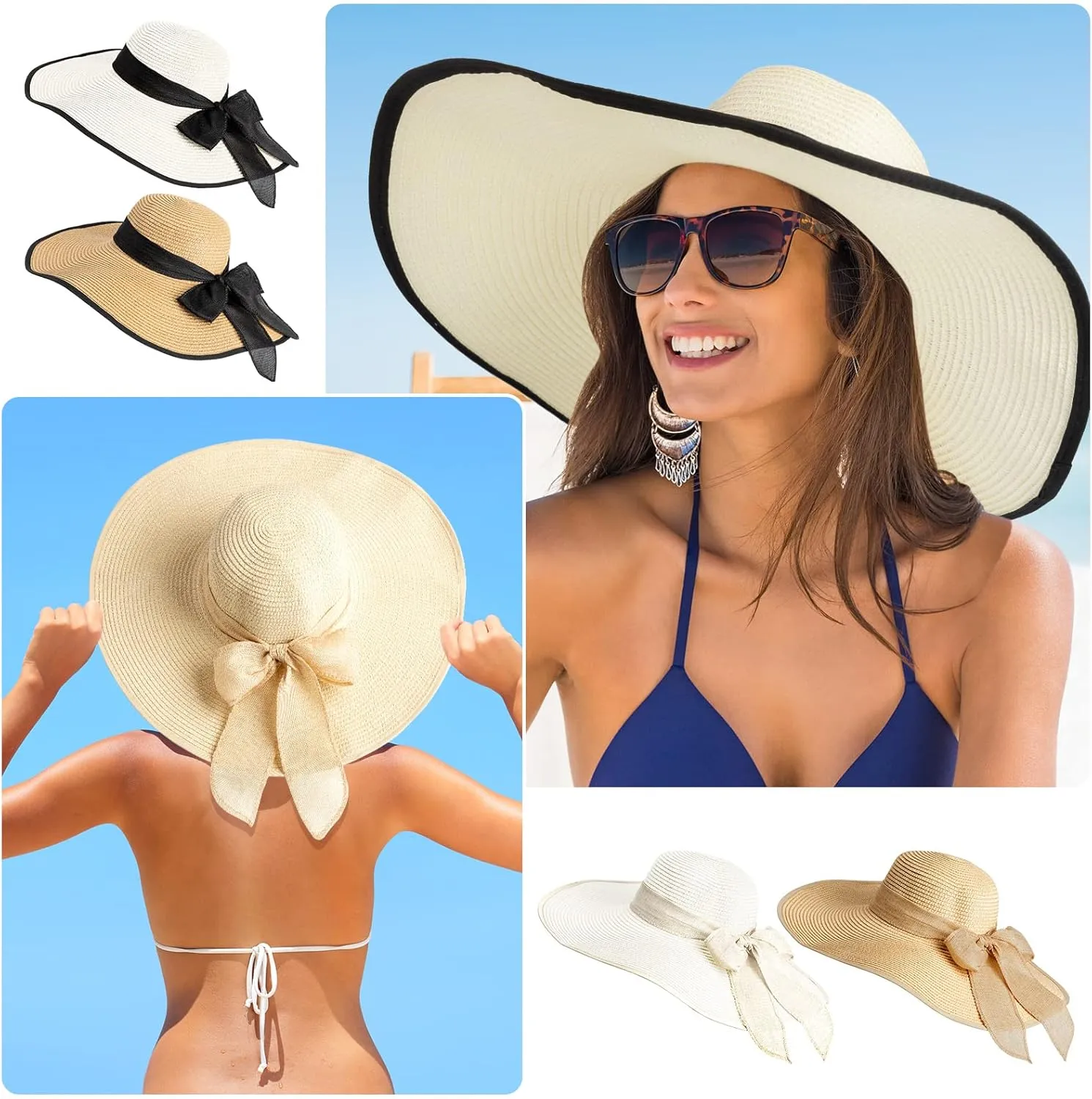Xtinmee 6 Pcs Summer Women's Big Bowknot Straw Hat Wide Brim Foldable Floppy Adjustable UV Protection UPF 50  Beach Hat