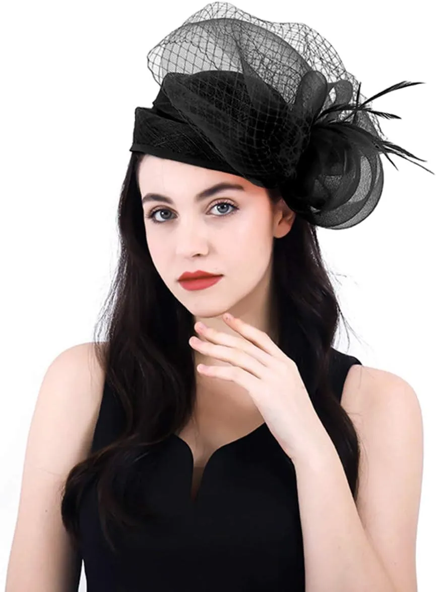 Z&X Sinamay Fascinator Hat Floral Feather Pillbox Derby Hats for Women Wedding Tea Party with Headband Clip