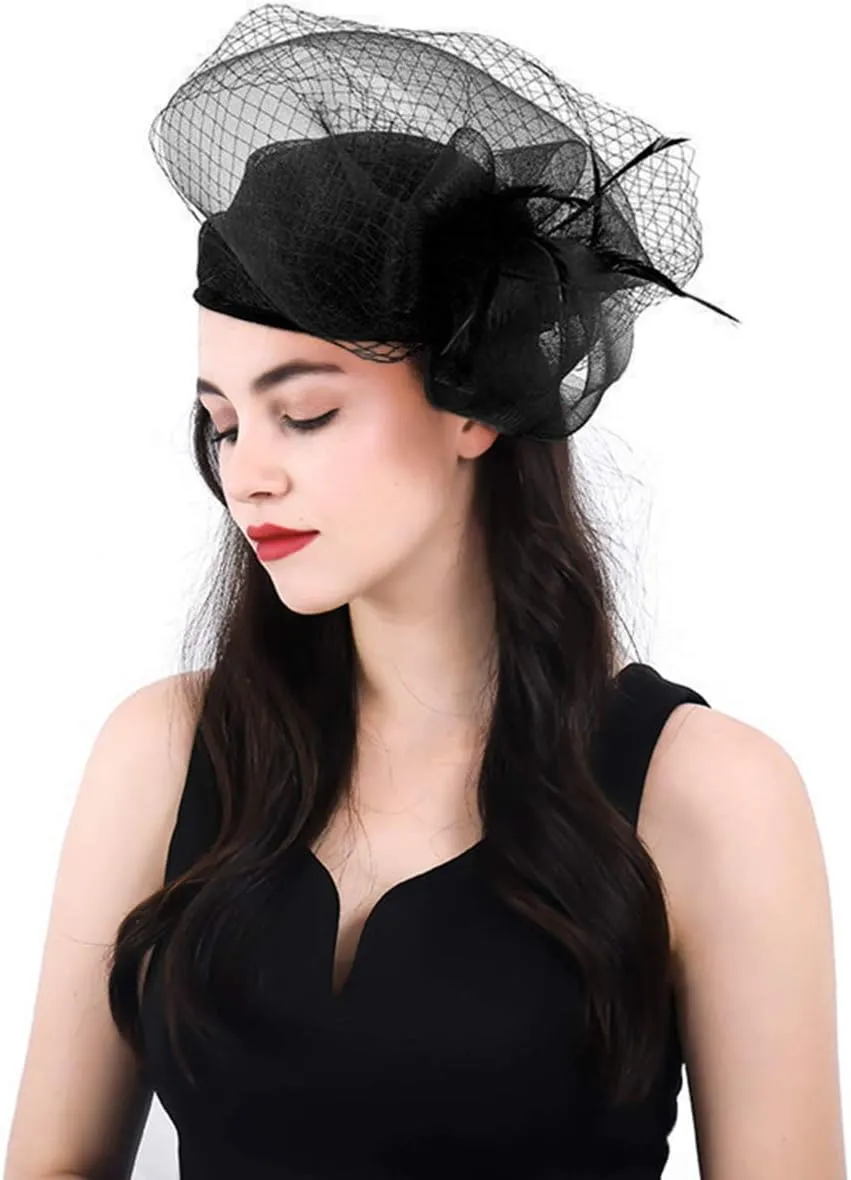 Z&X Sinamay Fascinator Hat Floral Feather Pillbox Derby Hats for Women Wedding Tea Party with Headband Clip