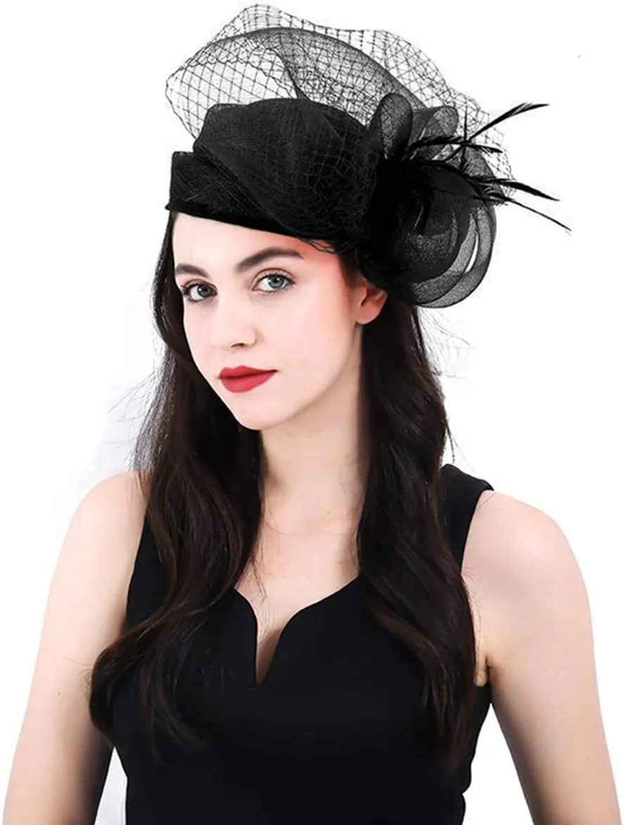 Z&X Sinamay Fascinator Hat Floral Feather Pillbox Derby Hats for Women Wedding Tea Party with Headband Clip