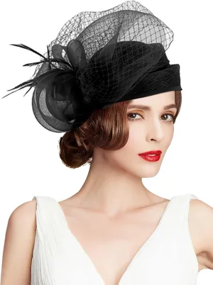 Z&X Sinamay Fascinator Hat Floral Feather Pillbox Derby Hats for Women Wedding Tea Party with Headband Clip