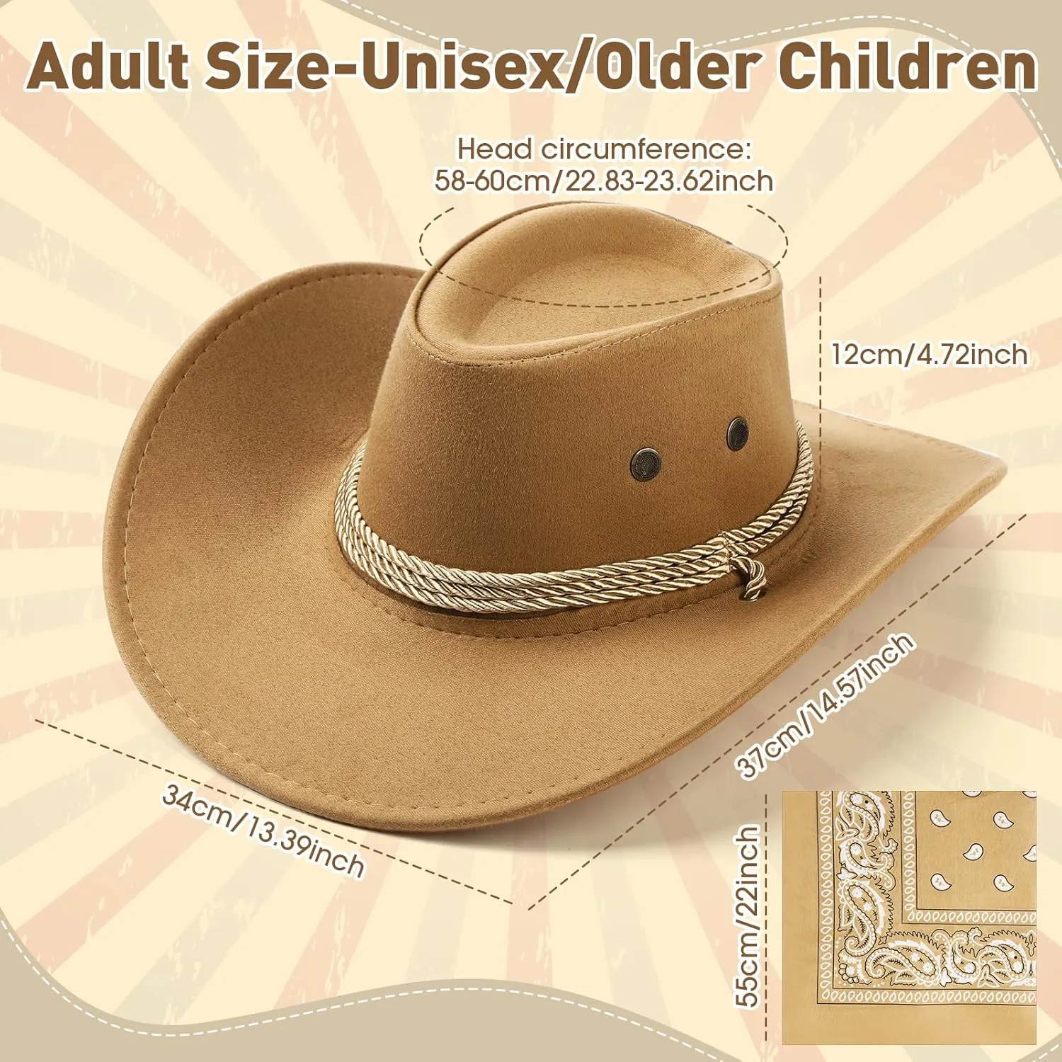 Zhanmai 12 Pcs Cowboy Hat and Bandana Cowboy Cowgirl Hats Bulk Western Party Costume Halloween Accessory