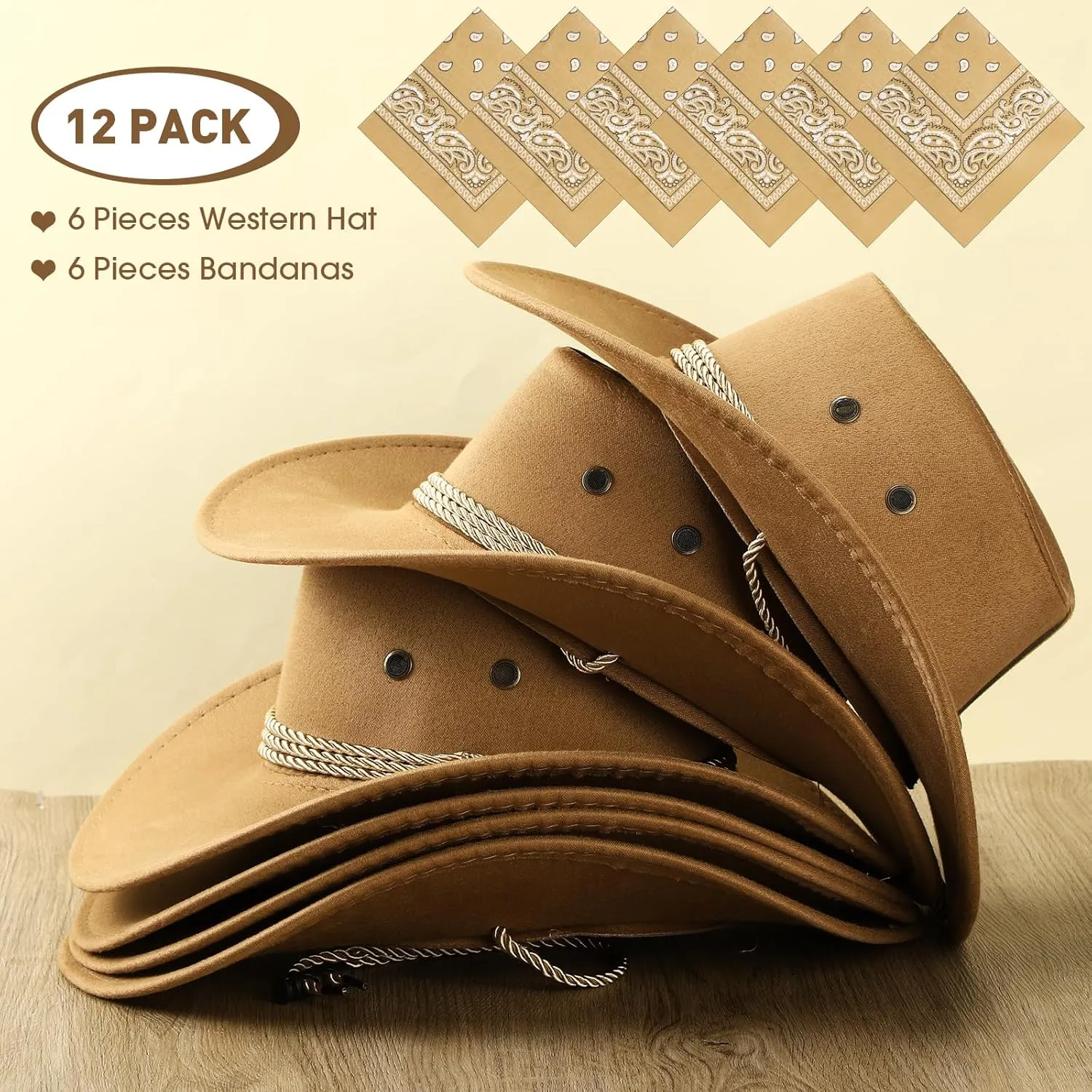 Zhanmai 12 Pcs Cowboy Hat and Bandana Cowboy Cowgirl Hats Bulk Western Party Costume Halloween Accessory